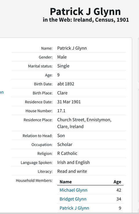 Census 1901 Michael Glynn son of Patrick Glynn from Fanaleen