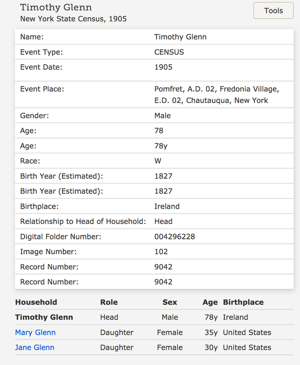 Census 1905 Timothy Glynn in Fredonia USA