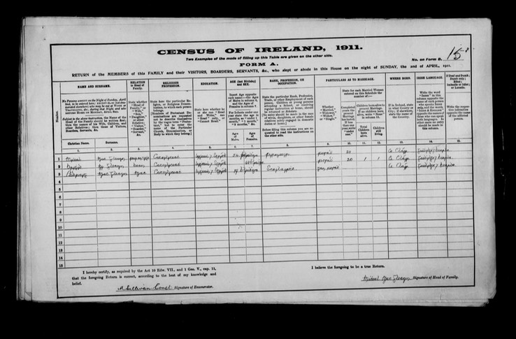 Census 1910 Michael Glynn with wife Bridget and son Patrick in Ennistymon