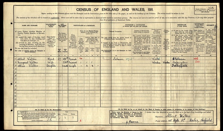 Census 1911 Albert Edward Walton with 2nd wife Margaret Handel in Sheffield