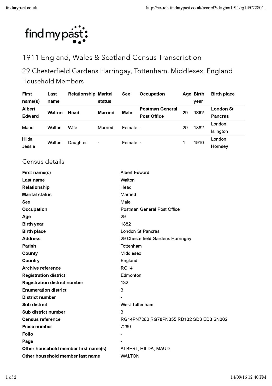 Census 1911 Albert Edward Walton Beatrice Skeggs ex husband and