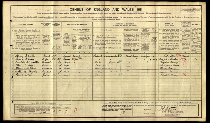 Census 1911 Charlotte Walton sister of Albert Edward in Petersfield