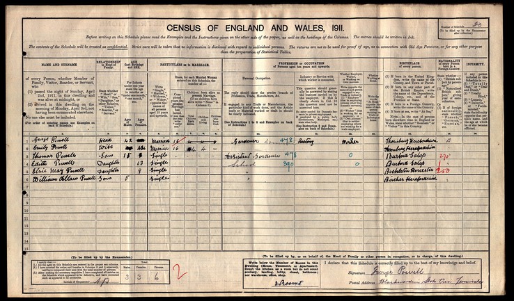 Census 1911 George Powell and wife Emily with son Thomas Powell husband of Mary Lello