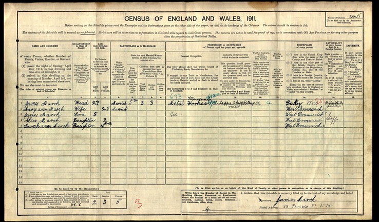 Census 1911 James Marsh and Mary Ann Marsh with daughter Sarah Ann Marsh in West Bromwich