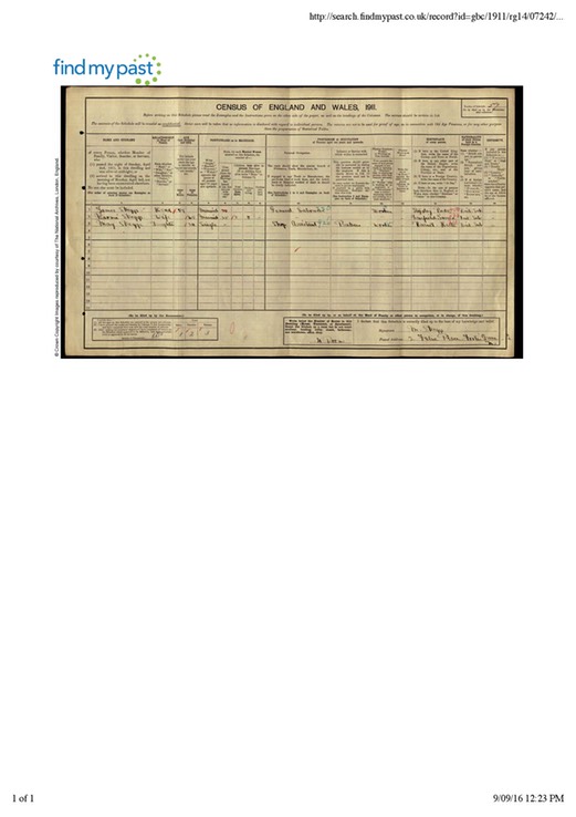 Census 1911 James Skeggs  (born 1855) and Naomi Skeggs and daughter May Living 2 Felix Place Fortis Green