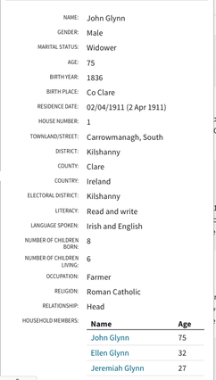 Census 1911 John Glynn born 1836