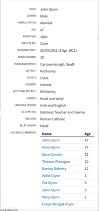 Census 1911 John Glynn born 1865 and family at Ballinagrave