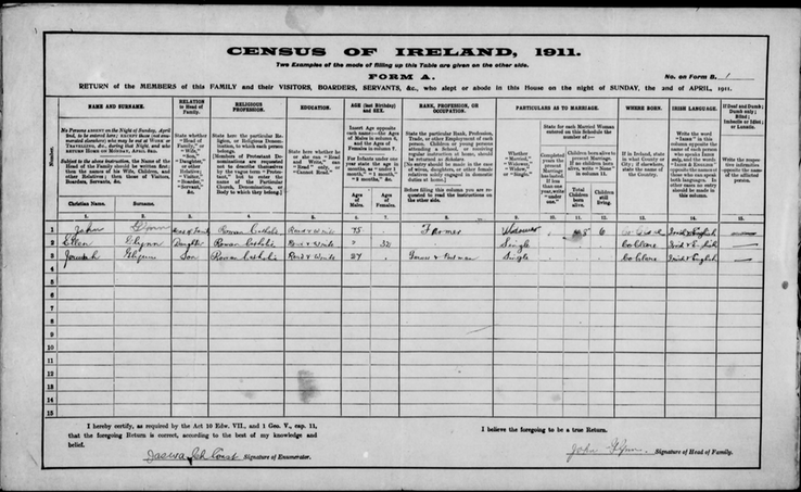 Census 1911 John Glynn page 1 in Carrowmanagh South