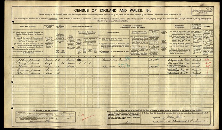 CENSUS 1911 John James (husband of Annie Bell) and their son with new wife and 2 more sons