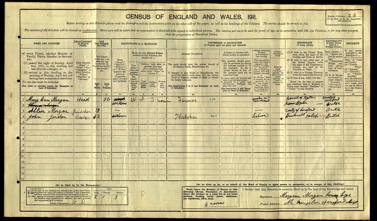 Census 1911 Mary Ann Morgan wife of Thomas Morgan from Monkland