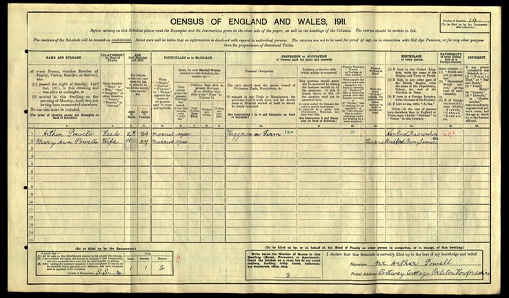 Census 1911 Mary Ann Powell nee Mary Ann Morgan daughter of Thomas Morgan