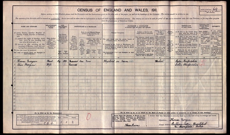 Census 1911 Thomas Morgan son of Thomas Morgan from Monkland with wife Alice Becks