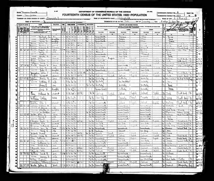 Census 1920 Mary A Glynn in Mulberry St Springfield Massachusetts