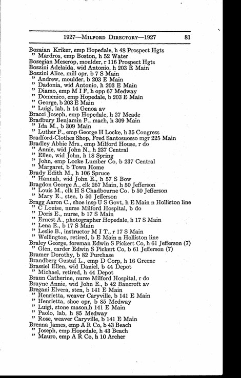 Census 1927 Ellen Brassiel with 2 sons Michael and Da iel at Depot St Milford Massachusetts