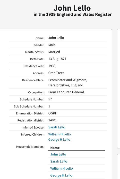 Census 1939 John Lello and Sarah Lello nee Sarah Morgan in Leominster