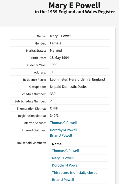 Census 1939 Thomas E Powell with wife Mary E Powell nee Lello