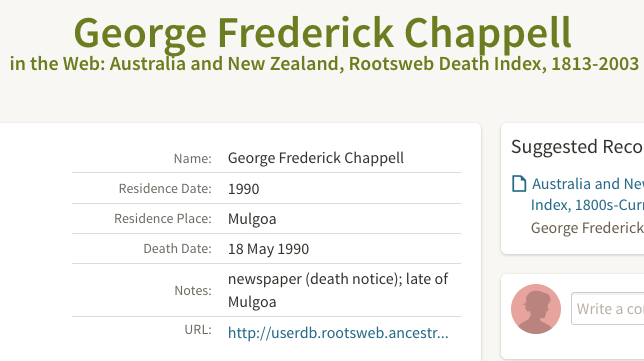 Census 1990 George Frederick Chappell (Jessie Bell's son) at Mulgoa