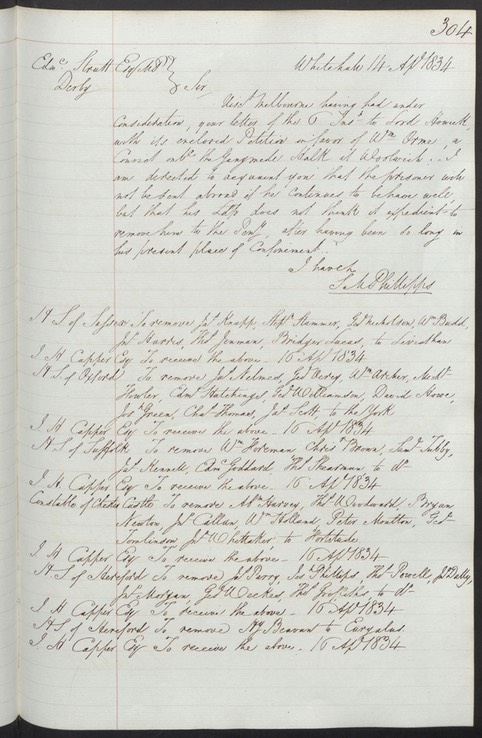 Convict 1834 John Morgan and 16th April Correspondence from WhiteHall to remove John Morgan to the Fortitude