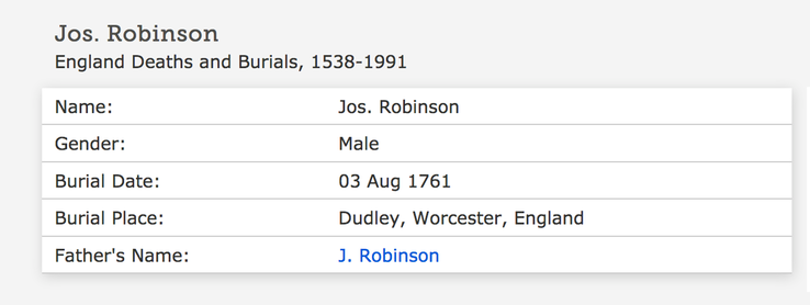 Death 1761 Joseph Robinson in Dudley father is J.Robinson