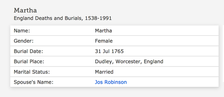 Death 1765 Martha Robinson wife of Joseph Robinson in Dudley