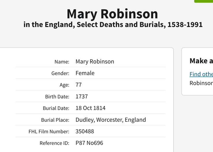 Death 1814 Mary Robinson wife of Joseph aged 77 born 1737