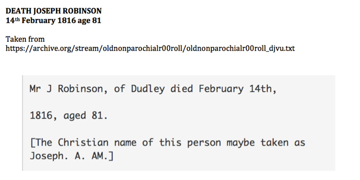 Death 1816 Joseph Robinson age 81 in Dudley