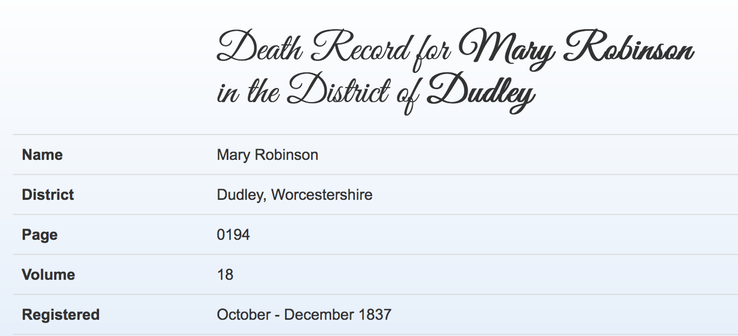 Death 1837 Mary Robinson wife of Joseph in Dudley