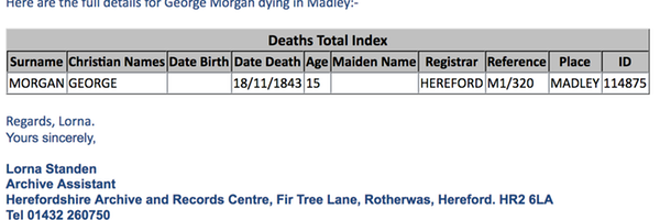 Death 1843 George Morgan in Madley registered Hereford 18th November age 15