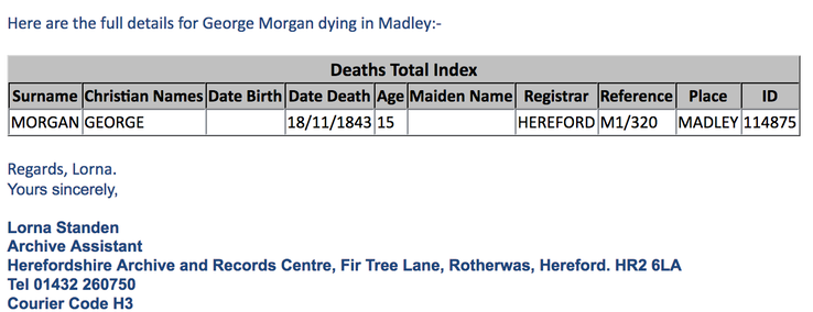 Death 1843 George Morgan in Madley registered Hereford 18th November age 15