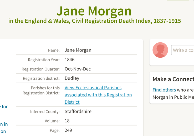 Death 1846 Jane Morgan in Dudley