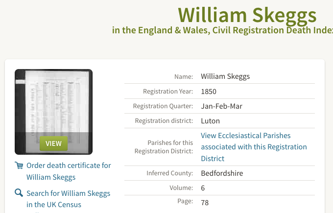 Death 1850  William Skeggs aged 5 son of Thomas and Mary at Luton