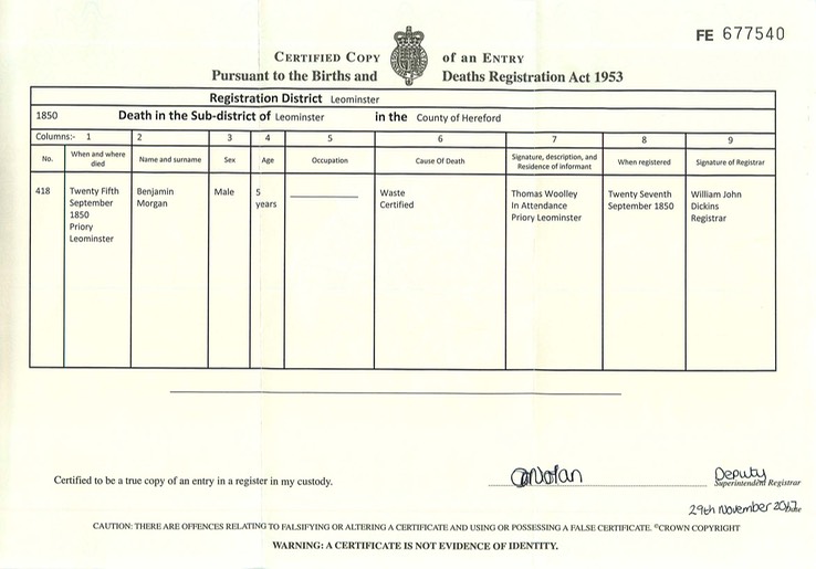 Death 1850 Benjamin Morgan 25th Sep 1850 Leominster