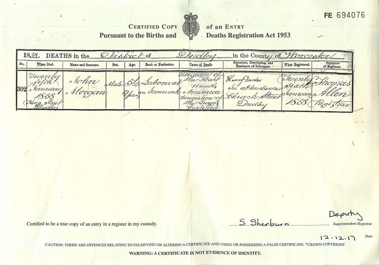 Death 1858 John Morgan in Dudley age 56 NOT our John Morgan