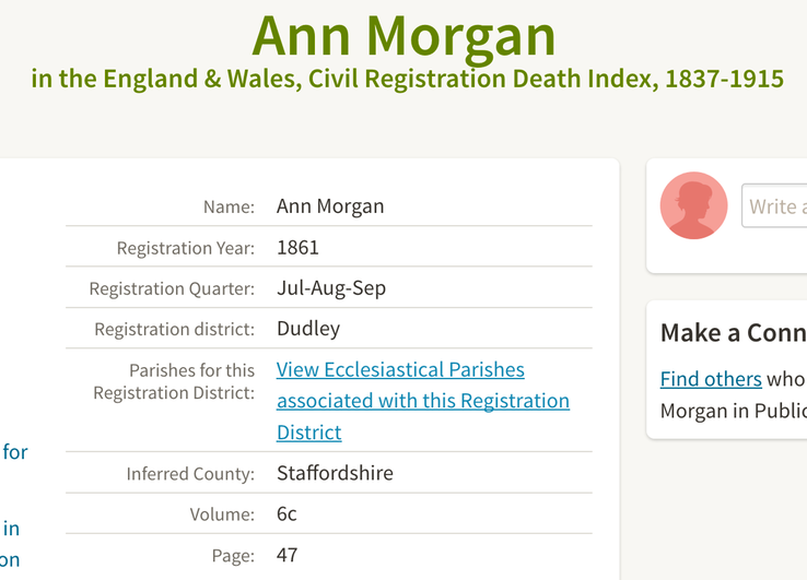 Death 1861 Ann Morgan in Dudley baby daughter of William Morgan