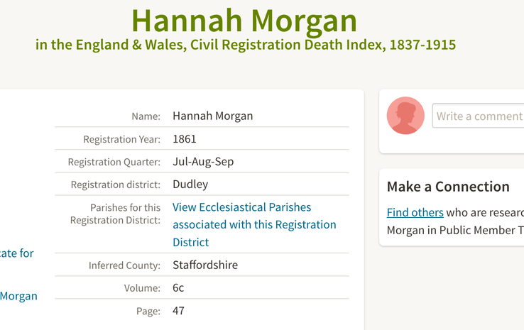 Death 1861 Hannah Morgan first wife of William Morgan in Dudley