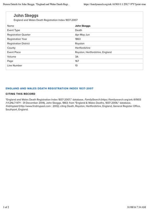 Death 1863 John Skeggs (born 1794) at Royston