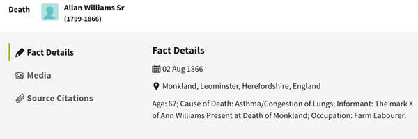 Death 1866 Allan Williams cause of death