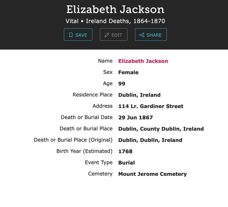 Death 1867 Elizabeth Jackson wife of ?? in Dublim