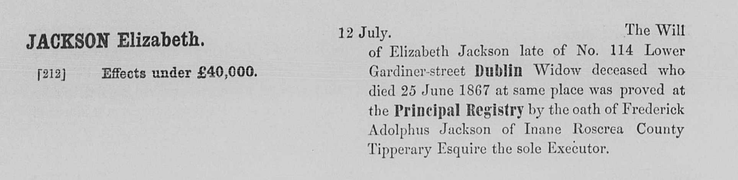 Death 1867 Elizabeth Jackson possible wife Frederick Adolphus Jackson