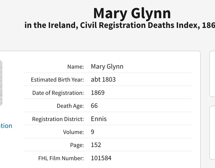 Death 1869 Mary Glynn in Ennis possibly our Mary Glynn