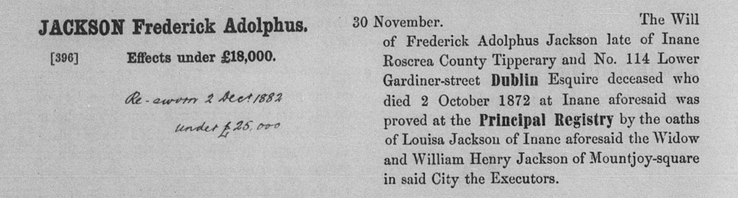 Death 1872 Frederick Adolphus Jackson of Inane Roscrea