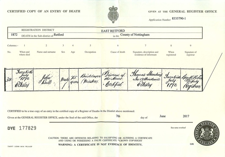 Death 1872 John Bell Certificate Bricklayer father of our George Bell