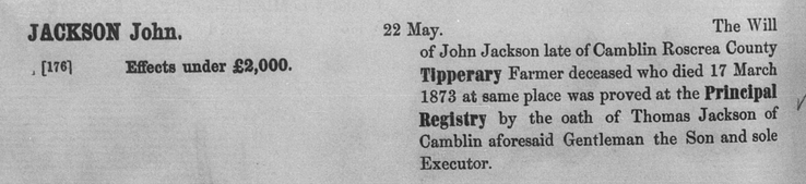 Death 1873 John Jackson (Probate) of Camblin Tipperary