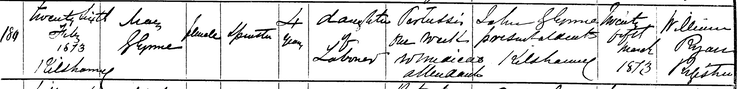 Death 1873 Mary Glynn 25th July age 4yrs (or 4 months) daughter of John Glynn of Kilshanny