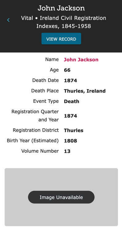 Death 1874 John Jackson of Thurles age 66