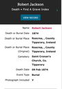 Death 1874 Robert Jackson in Roscrea father of Phoebe Jackson