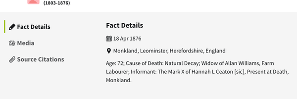 Death 1876 Ann Williams late Morgan nee Bedwards cause of death