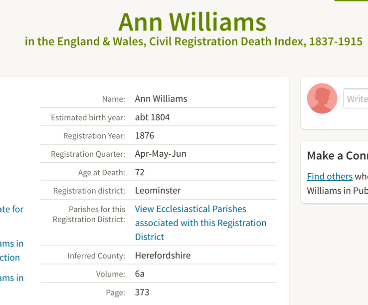 Death 1876 Ann Williams was Ann Morgan nee Ann Bedward