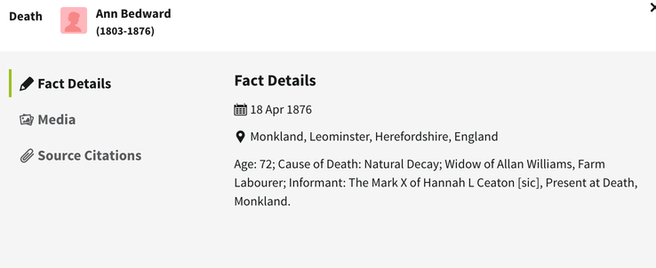 Death 1876 Ann Williams late Morgan nee Bedwards cause of death