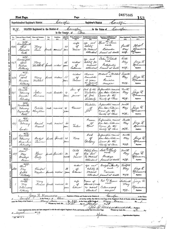 Death 1879 Daniel Brassill a tailor of Corrofin father of Daniel who married Ellen Glynn